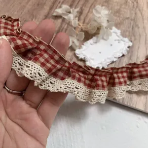 3cm Red Gingham Pleated Lace Trim Ribbon DIY Sewing Craft Material for Doll Clothes Hat