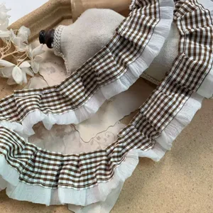 4cm brown plaid chiffon pleated lace trim for diy pet doll clothes lolita apparel headwear decoration