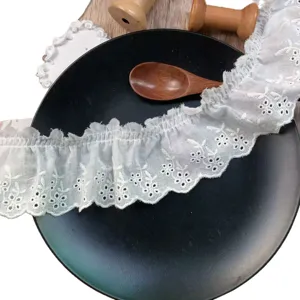 White embroidered lace trim 6.5cm wide ruffle floral eyelet fabric for DIY craft sewing