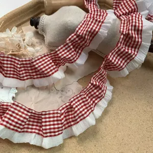 Red and white checkered pleated lace trim 4cm wide for DIY doll clothes and crafts.