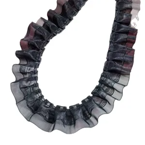 4cm double layer pleated organza lace trim black ruffle ribbon for lolita DIY crafts.