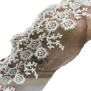 7cm wide exquisite white mesh embroidered lace trim for clothing, cuffs, and DIY crafts.