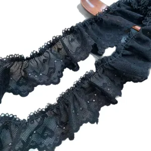 Black pleated lace trim 5cm heart lace fabric for lolita hair accessories and diy sewing decor.