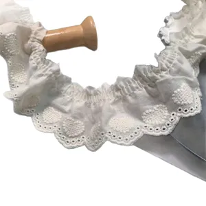 White cotton lace trim with heart embroidery pleated ribbon for DIY sewing crafts decor