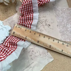 Red and white checkered pleated lace trim 4cm wide for DIY craft sewing apparel decor