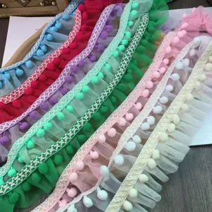 Colorful double-layer mesh pom-pom lace trim for DIY doll clothes curtain decoration