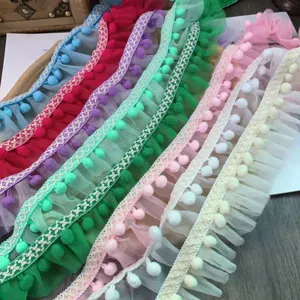 5cm colorful ruffled mesh pom-pom lace trim fringe DIY doll clothes curtain decor