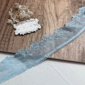 Close up of light blue heart embroidered lace trim, delicate cutout detail for DIY crafts.