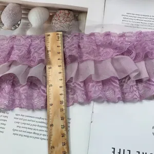 Three-layer chiffon lace ruffle trim detail, 10cm wide purple fabric for DIY crafts.