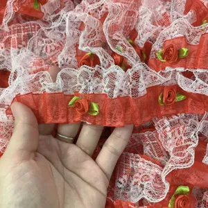 5cm double layer red organza rose lace trim handmade floral fabric ribbon for diy craft.