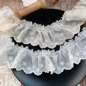White Beige Star Embroidered Cotton Lace Trim Pleated Fabric Ribbon For Sewing Garment Home Decor DIY Craft