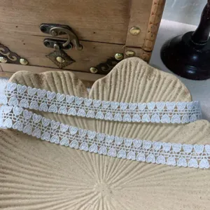 Primo piano dettagliato di bordo in pizzo di poliestere bianco con motivi a cuore per decorazioni.