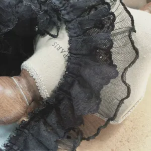 Black lace ruffle trim detail, double layer mesh fabric for clothing hem and DIY craft decor.