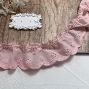 Pink cotton lace trim 4.5cm wide hollow embroidered wave lace for DIY doll clothes sewing.