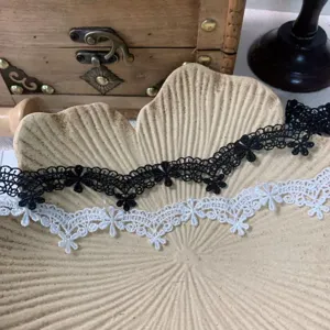 Close up of black and white lace trim detail, floral embroidery design for DIY craft.