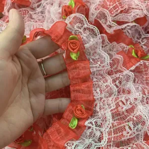 5cm double-layer red organza lace trim detail featuring handmade 3d roses for crafts.