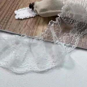 White pleated lace trim 9cm wide embroidered mesh fabric for DIY crafts sewing decor.