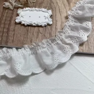 White cotton lace trim 4.5cm wide embroidered ruffled ribbon for DIY sewing craft and apparel.