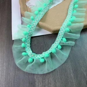 5cm Green Mesh Pom Pom Lace Trim Double Layer Ruffled Fringe Ribbon for DIY Sewing Garment Decor