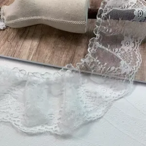 9cm wide white mesh embroidered pleated lace trim for DIY sewing, garments, and crafts.