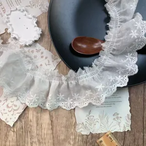 5.5cm white star embroidered cotton pleated lace trim fabric for sewing clothing accessories