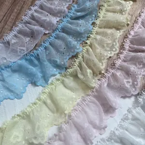 Ribete de encaje plisado bordado de corazones de colores de 5 cm de ancho para costura