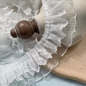 Exquisite 7cm double layer heart lace ruffle mesh trim for DIY sewing clothing curtains decor.