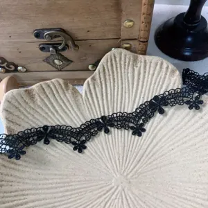 Black lace trim detail shot showing delicate floral embroidery design for DIY crafting and apparel.