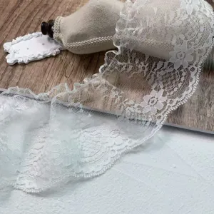 White pleated lace trim 9cm wide, delicate mesh embroidery for DIY sewing, crafts.