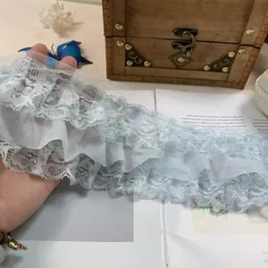 10cm 3-layer chiffon lace ruffle trim for dress sewing, doll skirt DIY crafts blue color