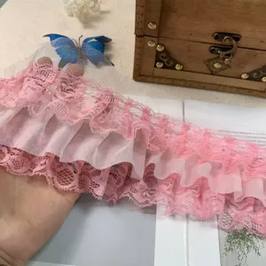 10cm 3-layer pink chiffon lace ruffle trim for DIY doll dress sewing craft decoration detail