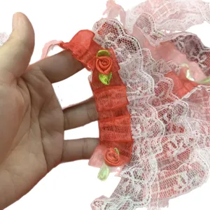 5cm Double Layer Red Organza Handmade 3D Rose Lace Trim DIY Craft Doll Clothes Fabric Deco