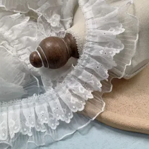 White double-layer heart lace ruffle pleated mesh trim detail for DIY sewing and crafting
