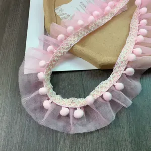 5cm pink pom pom mesh lace trim double layer ruffled ribbon for diy crafts sewing curtains