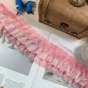 10cm Wide 3-Layer Chiffon Lace Trim Ruffle Pink DIY Craft Dress Skirt Sewing Accessory