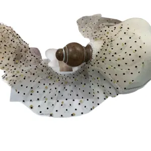 8cm wide beige mesh black polka dot pleated lace trim for clothing and doll dress decor.