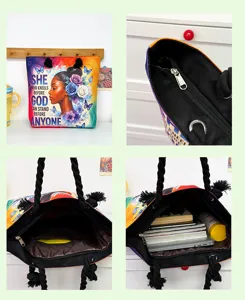 Zwarte vrouw kunst print canvas shopper tas, dik touw handvat rits schoudertas grote capaciteit.