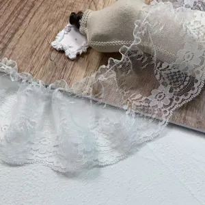 White pleated lace trim detail, 9cm wide mesh embroidered fabric for DIY crafts
