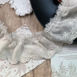 Off-white star embroidered ruffled cotton lace trim, 5.5cm wide for sewing apparel decor.