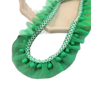 Green mesh lace trim with pom-poms, 5cm wide ruffle ribbon for DIY crafts curtains sewing.