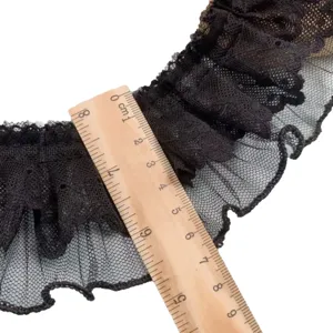 Black double layer lace ruffle trim mesh fabric for DIY sewing apparel skirt decoration