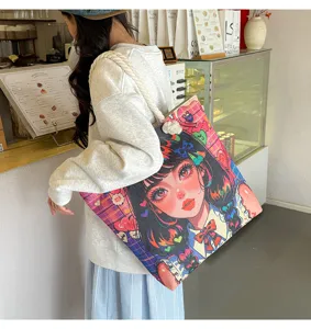 Modische Segeltuch Umhängetasche mit Retro Anime Mädchen Grafikdruck, lässige Tragetasche.