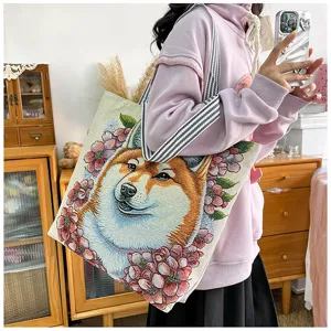 Große Canvas Schultertasche Shopper mit niedlichem Hund und Blumen Webmuster für Damen.
