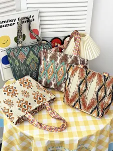 Bolso tote de punto estilo étnico, patrón geométrico colorido bolso casual de.