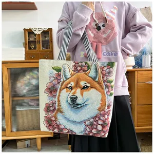 Stoff-Tragetasche mit niedlichem Shiba Inu Hunde Blumen Wandteppichmuster und Trägern.