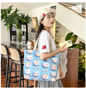 Bolso bandolera de lona estilo coreano con lindo bordado de gato 3D, bolso grande.