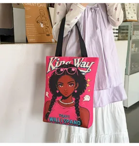 Sac cabas en toile rose rétro impression fille noire sac à épaules décontracté