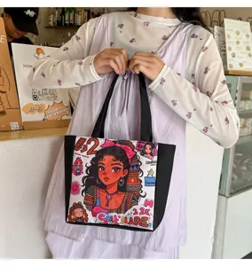 Bolso tote de lona con bonito estampado de chica negra de dibujos animados, bolso de hombro.