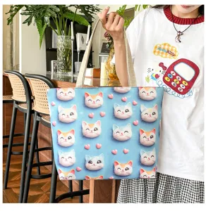 Bolso tote de lona estilo coreano, lindo gato 3D, bolso de hombro casual para uso diario.