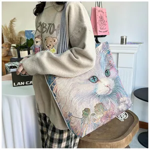 Große Canvas Tragetasche mit Katzen Motiv, vielseitige und modische Umhängetasche für Damen.